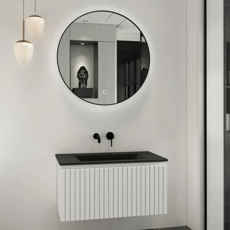 Fontana Lento wit badkamermeubel ribbelfront met zwarte wastafel 80cm zonder kraangat en ronde spiegel Must-Have