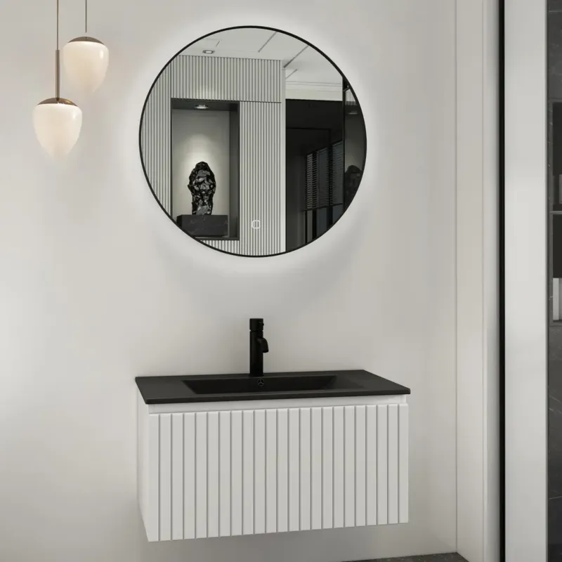 Koop Online Fontana Lento wit badkamermeubel ribbelfront met zwarte wastafel 80cm 1 kraangat en ronde spiegel