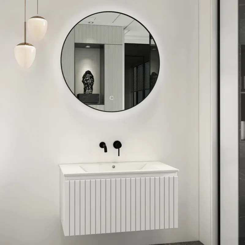 Fontana Lento wit badkamermeubel ribbelfront met witte wastafel 80cm zonder kraangat en ronde spiegel Superprijs