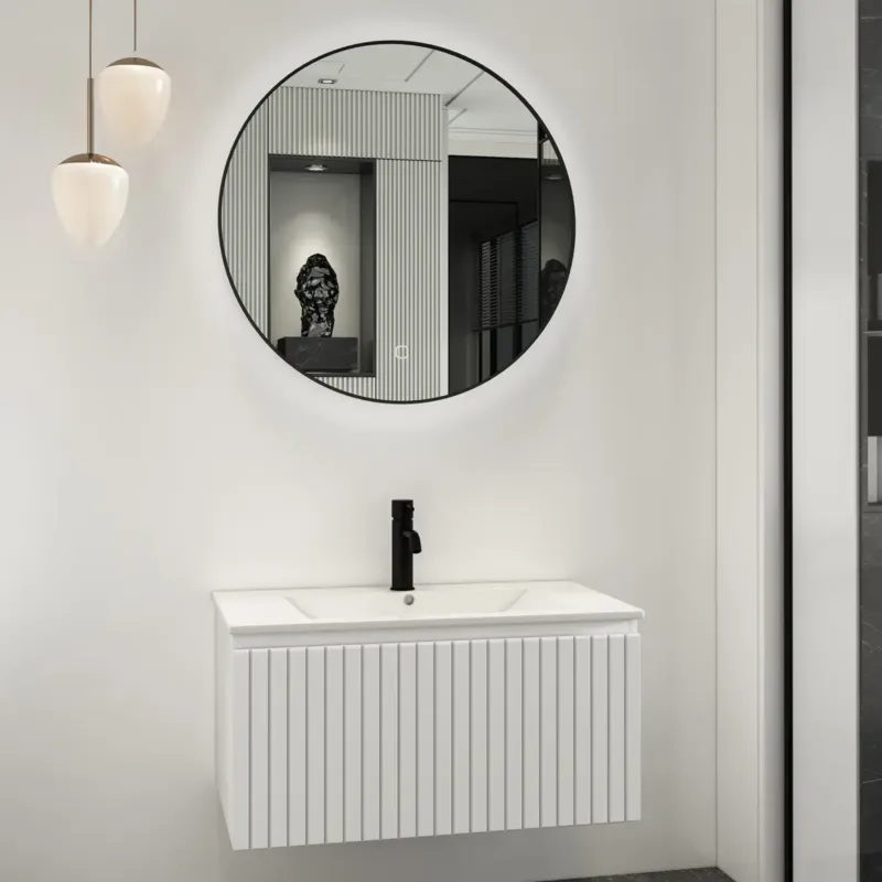 Fontana Lento wit badkamermeubel ribbelfront met witte wastafel 80cm 1 kraangat en ronde spiegel Superprijs