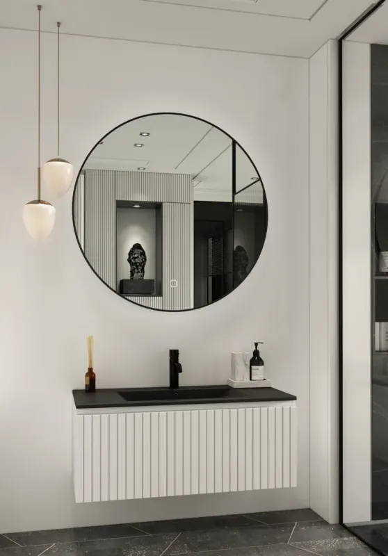 Fontana Lento wit badkamermeubel ribbelfront met zwarte wastafel 100cm 1 kraangat en ronde spiegel Speciale Aanbieding