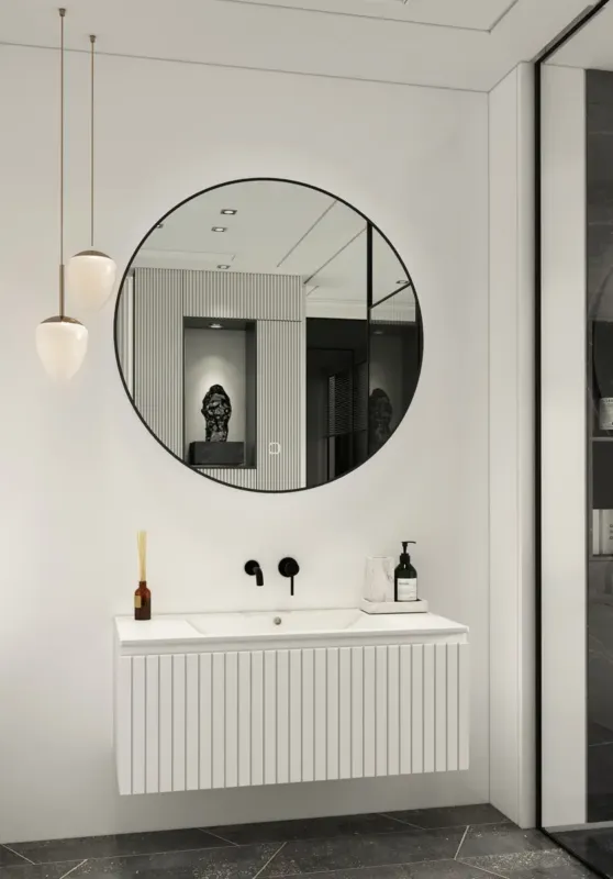 Koop Online Fontana Lento wit badkamermeubel ribbelfront met witte wastafel 100cm zonder kraangat en ronde spiegel