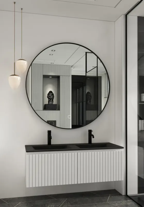 Laatste Kans Fontana Lento wit badkamermeubel ribbelfront met zwarte wastafel 120cm 2 kraangaten en ronde spiegel