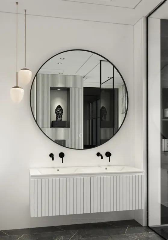 Fontana Lento wit badkamermeubel ribbelfront met witte wastafel 120cm zonder kraangaten en ronde spiegel Snelle Levering