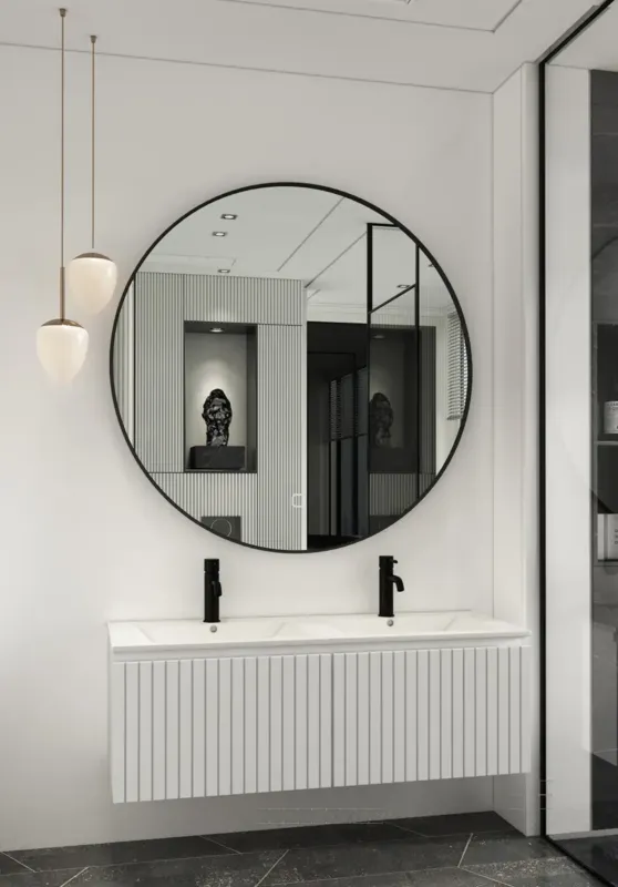 Fontana Lento wit badkamermeubel ribbelfront met witte wastafel 120cm 2 kraangaten en ronde spiegel Laatste Versie