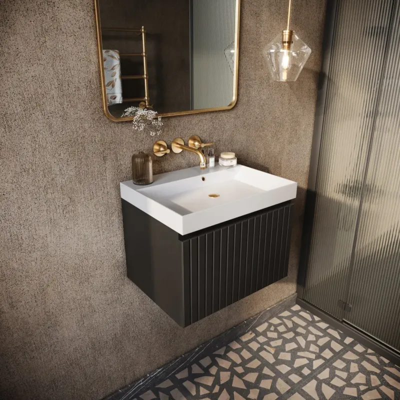 Meest Verkocht Fontana Milo badmeubel 60cm ribbelfront mat zwart met glans witte wastafel 0 kraangaten