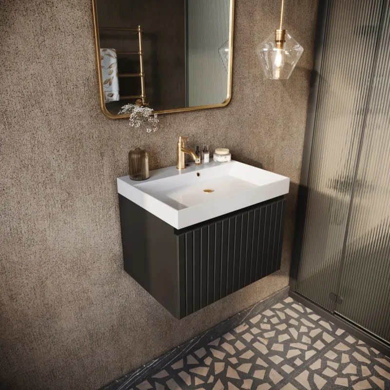 Direct Beschikbaar Fontana Milo badmeubel 60cm ribbelfront mat zwart met glans witte wastafel 1 kraangat