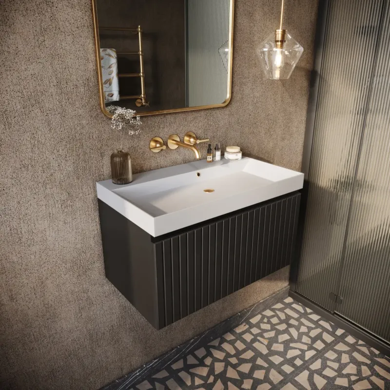 Fontana Milo badmeubel 80cm ribbelfront mat zwart met mat witte wastafel 0 kraangaten Actieprijs