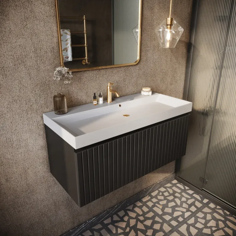Fontana Milo badmeubel 100cm ribbelfront mat zwart met mat witte wastafel 1 kraangat Bestel Nu