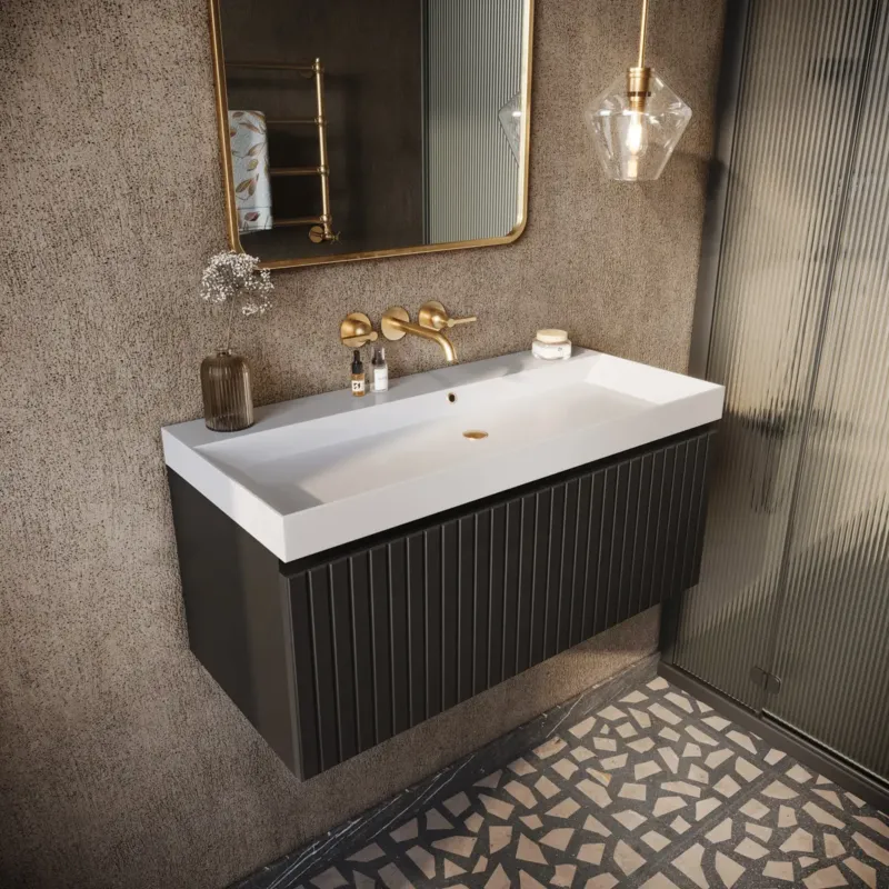 Nieuw Fontana Milo badmeubel 100cm ribbelfront mat zwart met glans witte wastafel 0 kraangaten