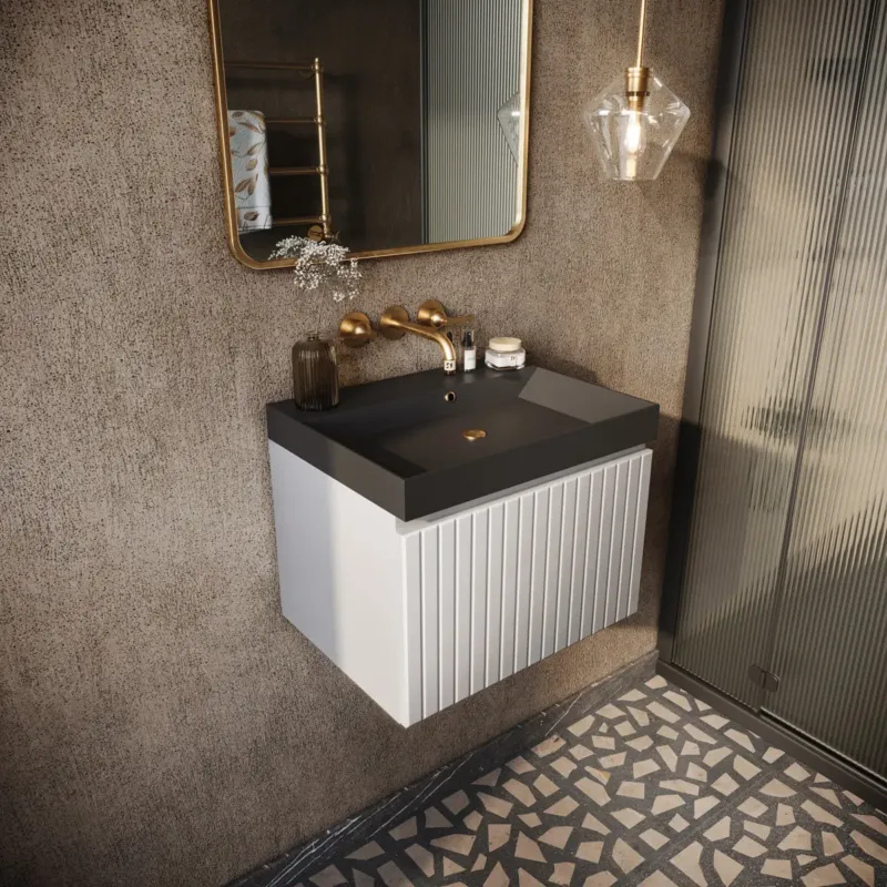 Fontana Milo badmeubel 60cm ribbelfront mat wit met zwarte wastafel 0 kraangaten Beste Prijs