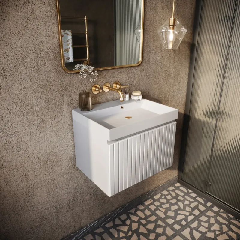 Superprijs Fontana Milo badmeubel 60cm ribbelfront mat wit met mat witte wastafel 0 kraangaten