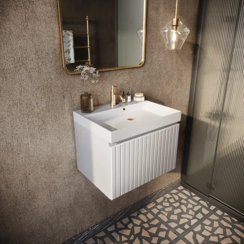 Fontana Milo badmeubel 60cm ribbelfront mat wit met glans witte wastafel 1 kraangat Dagaanbieding