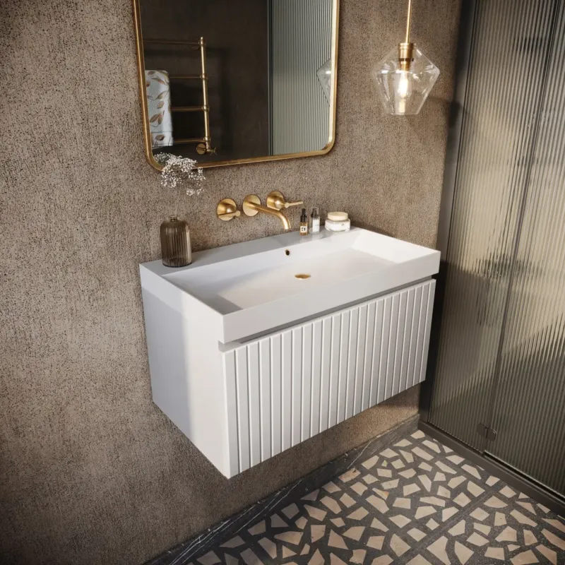 Fontana Milo badmeubel 80cm ribbelfront mat wit met glans witte wastafel 0 kraangaten Korting