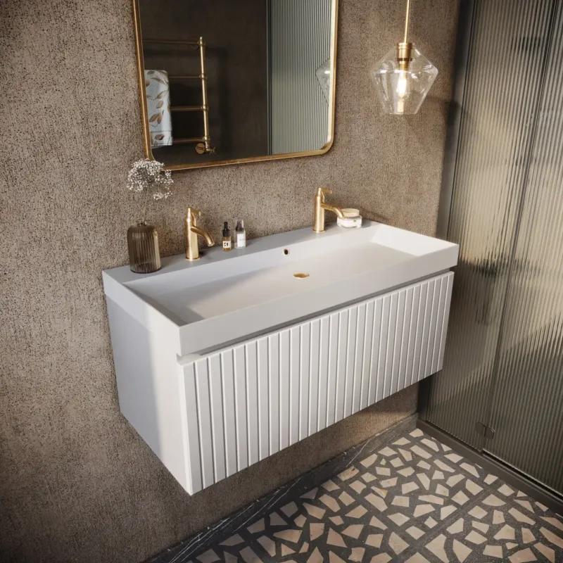 Fontana Milo badmeubel 100cm ribbelfront mat wit met mat witte wastafel 2 kraangaten Tijdelijk Beschikbaar