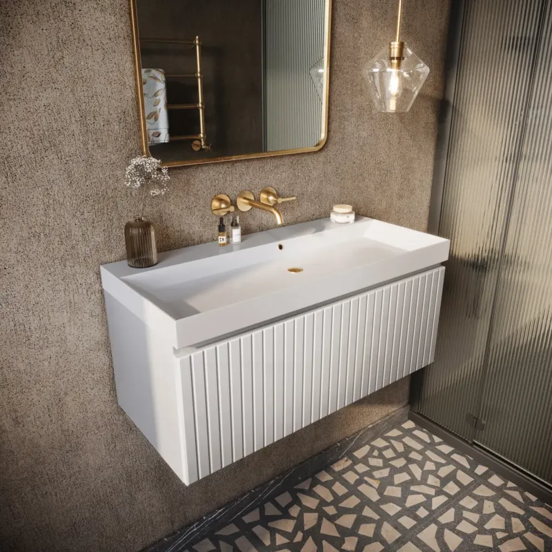 Fabrieksprijs Fontana Milo badmeubel 100cm ribbelfront mat wit met glans witte wastafel 0 kraangaten
