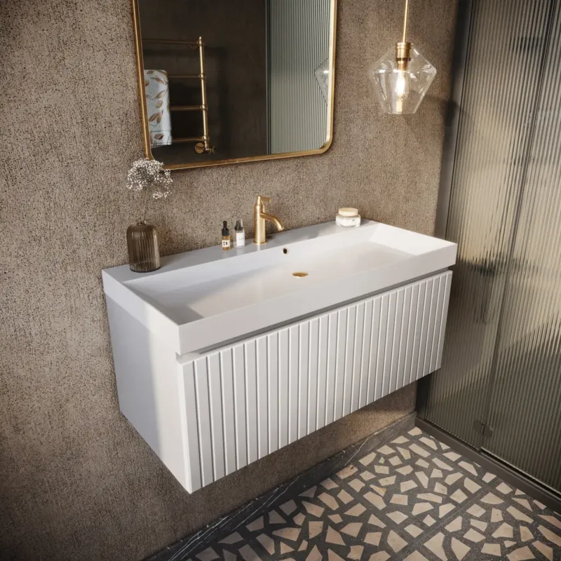 Fontana Milo badmeubel 100cm ribbelfront mat wit met glans witte wastafel 1 kraangat Alleen Vandaag