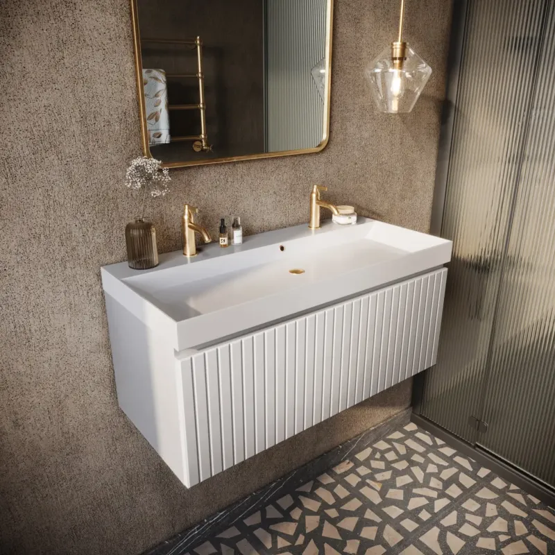 Betaalbaar Fontana Milo badmeubel 100cm ribbelfront mat wit met glans witte wastafel 2 kraangaten