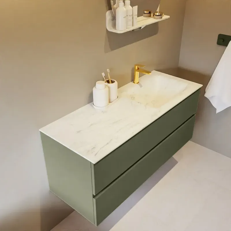 Mondiaz Vica DLux badmeubel 120cm army 2 lades met wastafel opalo rechts 1 kraangat Favoriet