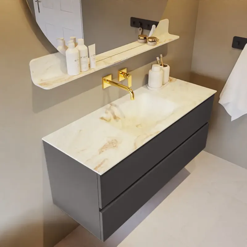 Lage Prijs Mondiaz Vica DLux badmeubel 120cm dark grey 2 lades met wastafel frappe midden zonder kraangat