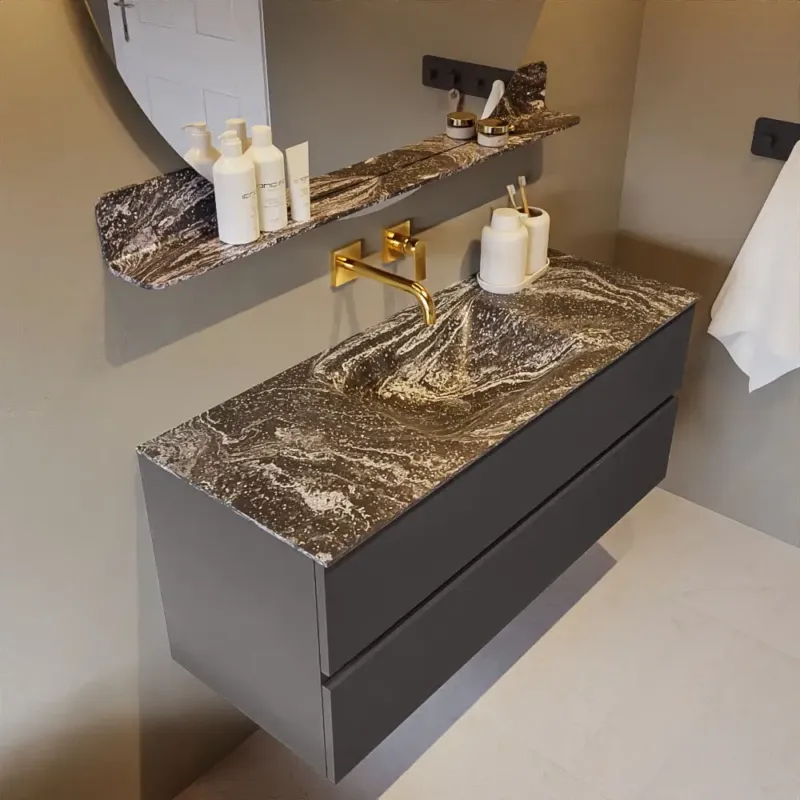 Mondiaz Vica DLux badmeubel 120cm dark grey 2 lades met wastafel lava midden zonder kraangat Gecertificeerd