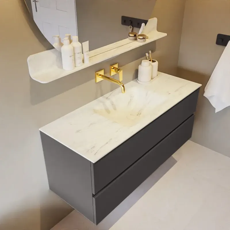 Mondiaz Vica DLux badmeubel 120cm dark grey 2 lades met wastafel opalo midden zonder kraangat Actieprijs