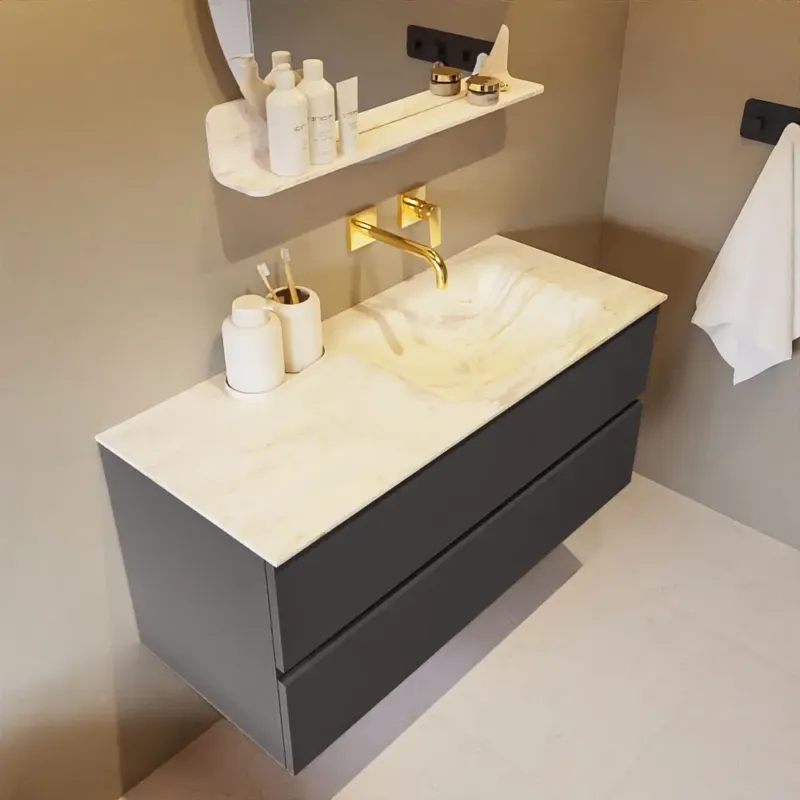 Mondiaz Vica DLux badmeubel 110cm dark grey 2 lades met wastafel ostra rechts zonder kraangat Exclusieve Aanbieding