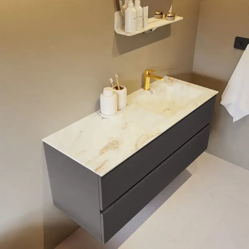 Veilige Betaling Mondiaz Vica DLux badmeubel 120cm dark grey 2 lades met wastafel frappe rechts 1 kraangat