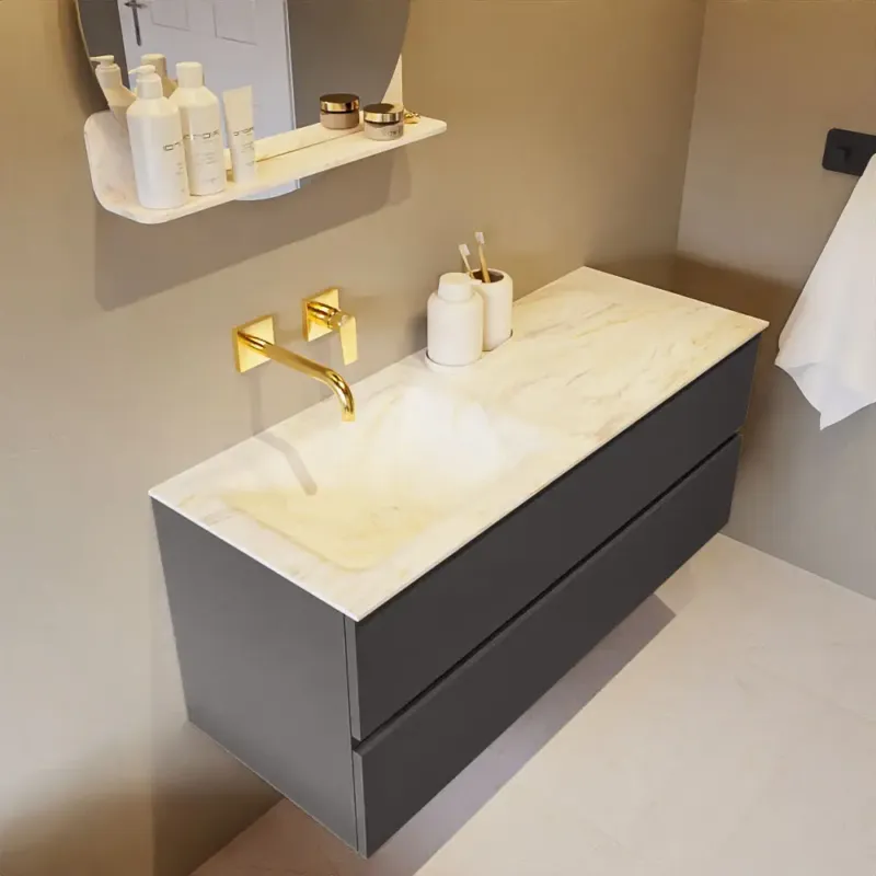 Betrouwbaar Mondiaz Vica DLux badmeubel 120cm dark grey 2 lades met wastafel ostra links zonder kraangat