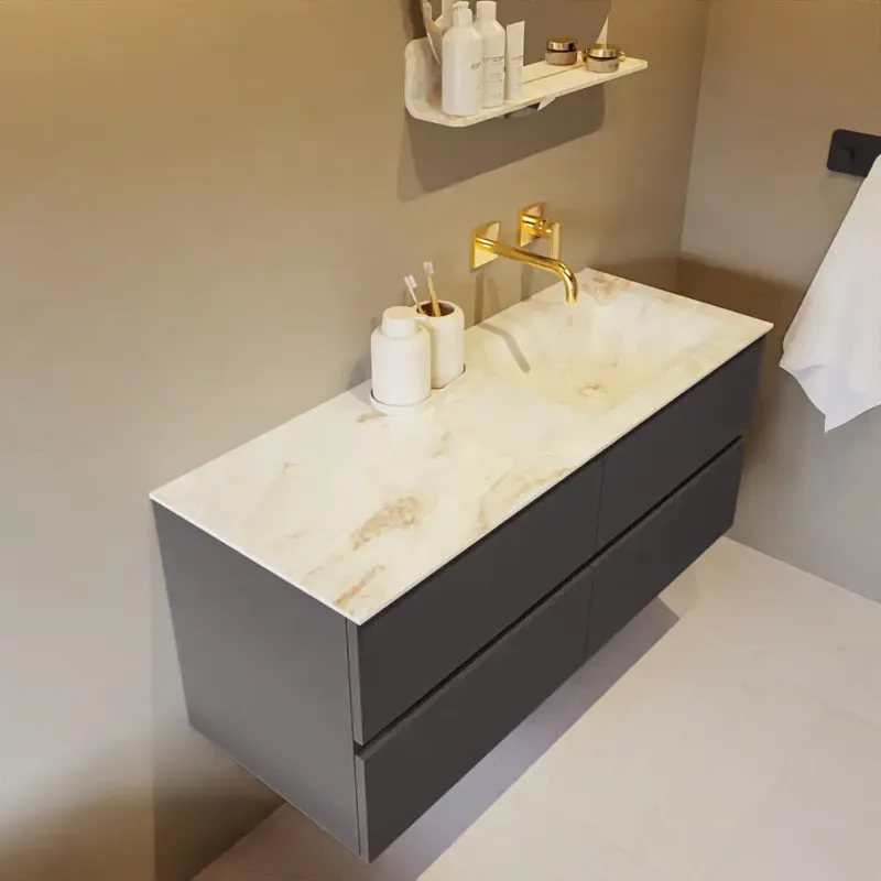 Mondiaz Vica DLux badmeubel 120cm dark grey 4 lades met wastafel frappe rechts zonder kraangat Speciale Aanbieding