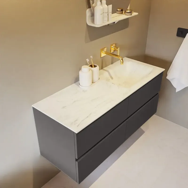 Mondiaz Vica DLux badmeubel 120cm dark grey 4 lades met wastafel opalo rechts zonder kraangat Aanbieding