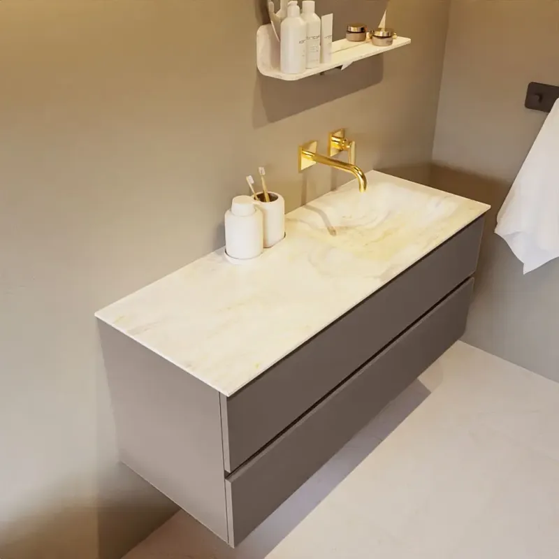 Exclusieve Aanbieding Mondiaz Vica DLux badmeubel 120cm smoke 2 lades met wastafel ostra rechts zonder kraangat