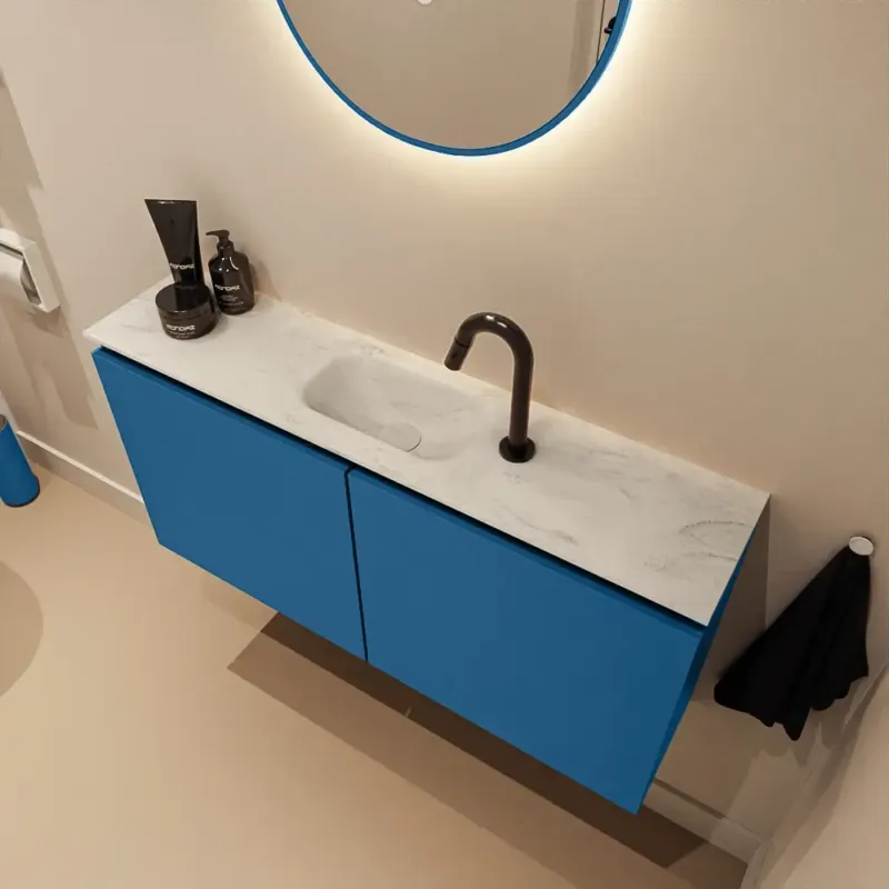 Lage Kosten Mondiaz Ture DLux toiletmeubel 100cm jeans met wastafel opalo midden met kraangat