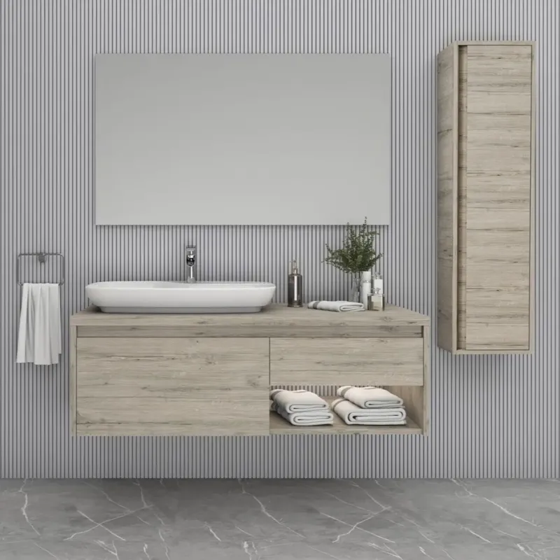 Lage Prijs Sanigoods Cali badmeubel 120cm eiken licht met solid surface waskom wit mat