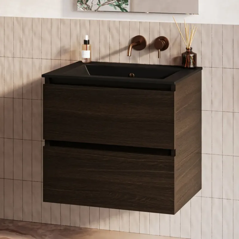 Lage Kosten Fontana Rovigo badmeubel 60cm met zwarte wastafel zonder kraangat kasteel bruin