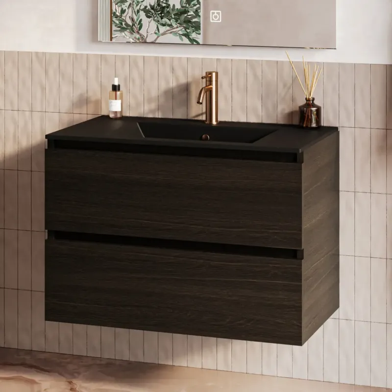 Fontana Rovigo badmeubel 80cm met zwarte wastafel en kraangat kasteel bruin Lage Prijs