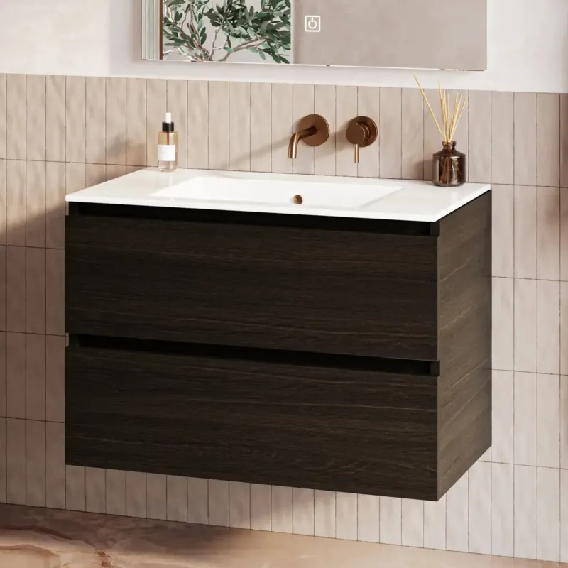Koopje Fontana Rovigo badmeubel 80cm met witte wastafel zonder kraangat kasteel bruin