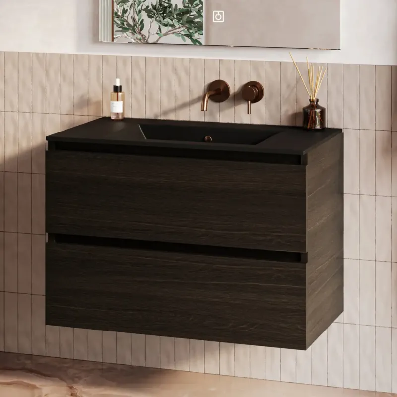 Fontana Rovigo badmeubel 80cm met zwarte wastafel zonder kraangat kasteel bruin Beste Prijs