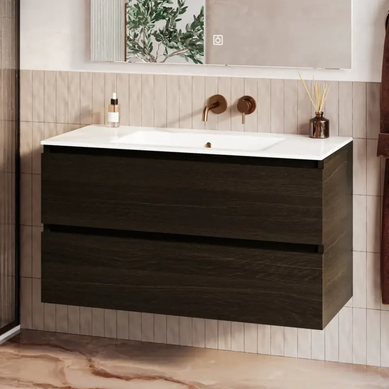 Fontana Rovigo badmeubel 100cm met witte wastafel zonder kraangat kasteel bruin Uitverkoop