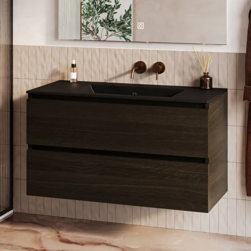 Fontana Rovigo badmeubel 100cm met zwarte wastafel zonder kraangat kasteel bruin Lage Kosten