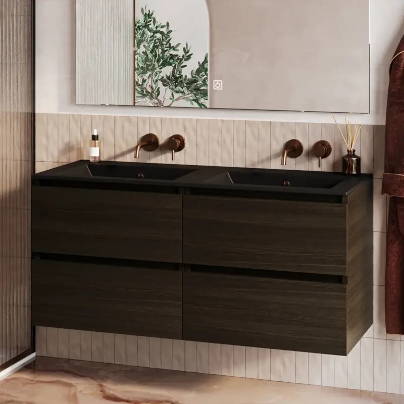 Voordeelprijs Fontana Rovigo badmeubel 120cm met zwarte wastafel zonder kraangaten kasteel bruin