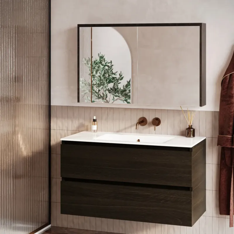 Direct Verzonden Fontana Rovigo badmeubel 100cm kasteel bruin met witte wastafel zonder kraangat en spiegelkast zonder verlichting