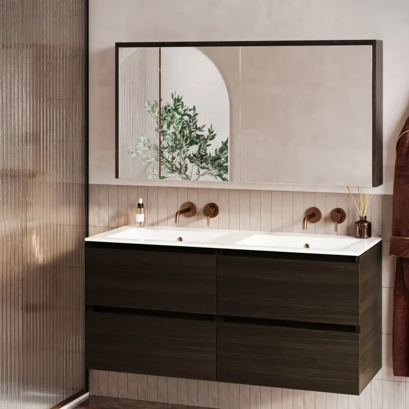 Actieprijs Fontana Rovigo badmeubel 120cm kasteel bruin met witte wastafel zonder kraangaten en spiegelkast zonder verlichting