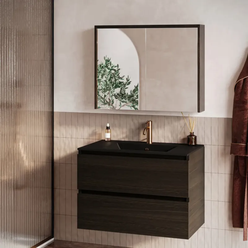 Gereduceerde Prijs Fontana Rovigo badmeubel 80cm kasteel bruin met zwarte wastafel met kraangat en spiegelkast zonder verlichting