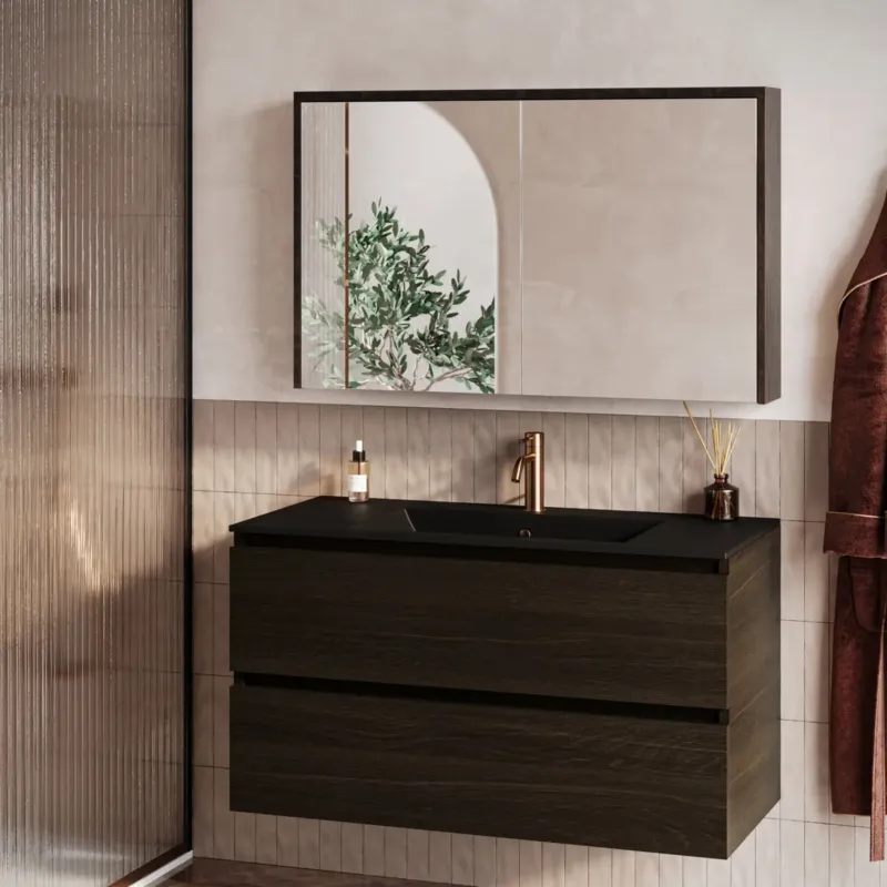 Fontana Rovigo badmeubel 100cm kasteel bruin met zwarte wastafel met kraangat en spiegelkast zonder verlichting Beperkt Aanbod
