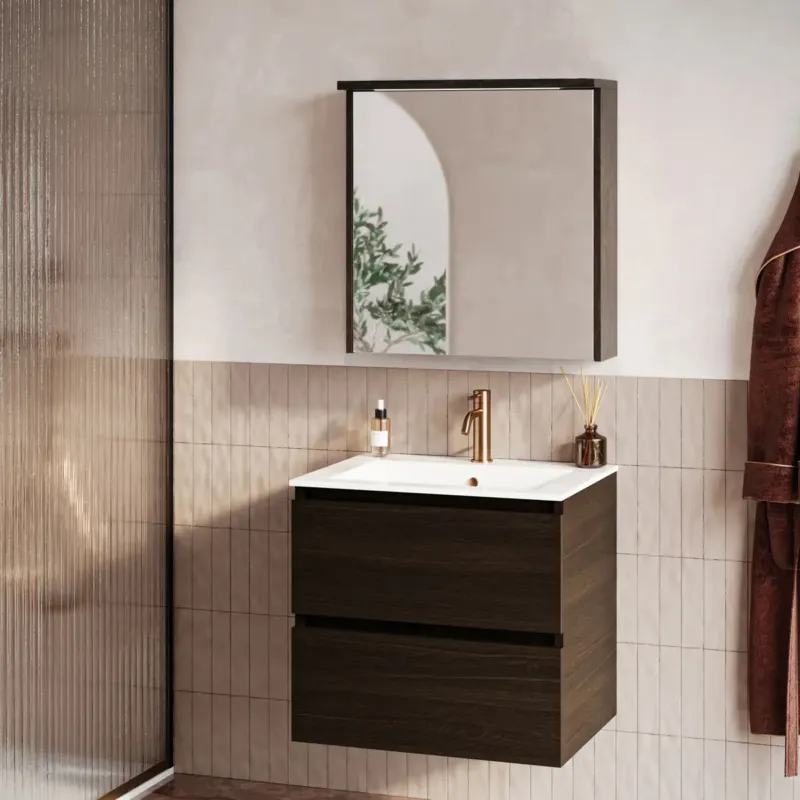 Alleen Vandaag Fontana Rovigo badmeubel 60cm kasteel bruin met witte wastafel met kraangat en spiegelkast met verlichting