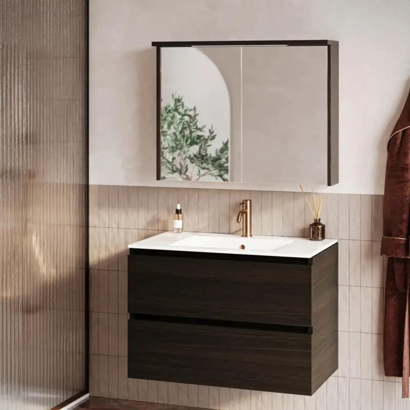 Speciale Aanbieding Fontana Rovigo badmeubel 80cm kasteel bruin met witte wastafel met kraangat en spiegelkast met verlichting