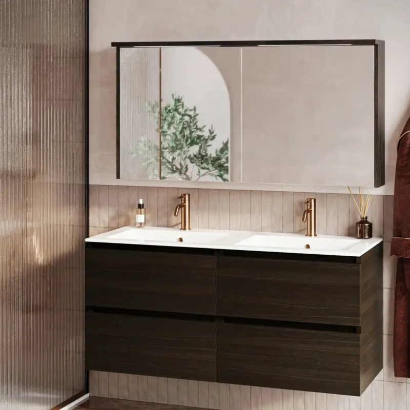 Seizoensaanbieding Fontana Rovigo badmeubel 120cm kasteel bruin met witte wastafel met kraangaten en spiegelkast met verlichting