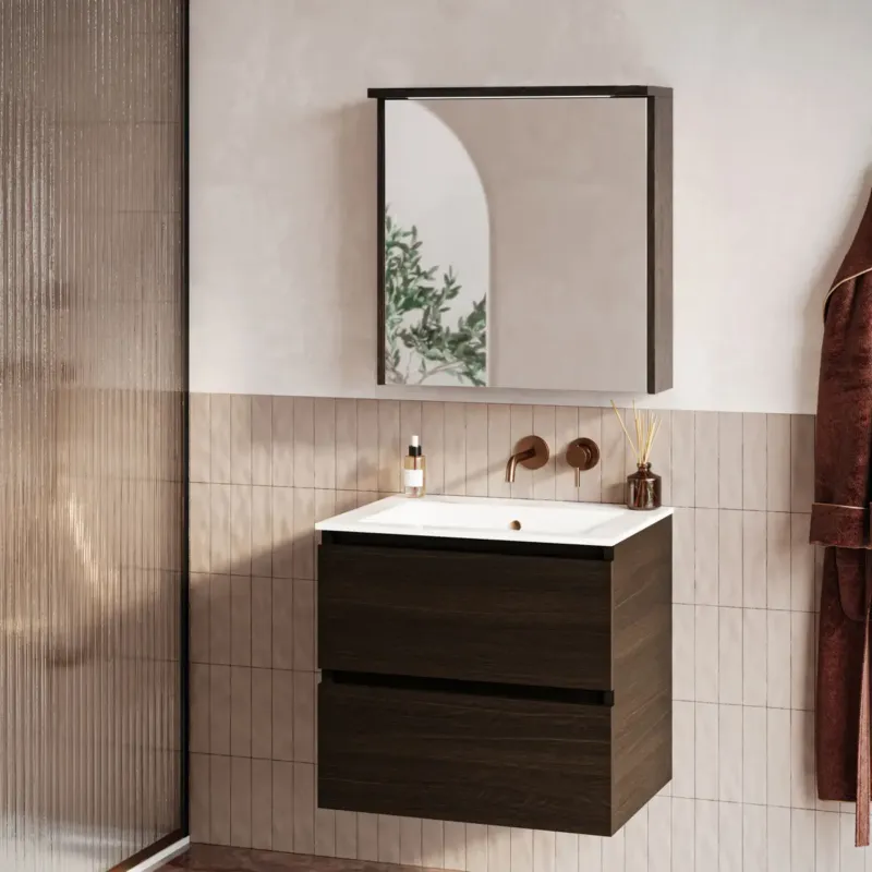 Snelle Levering Fontana Rovigo badmeubel 60cm kasteel bruin met witte wastafel zonder kraangat en spiegelkast met verlichting