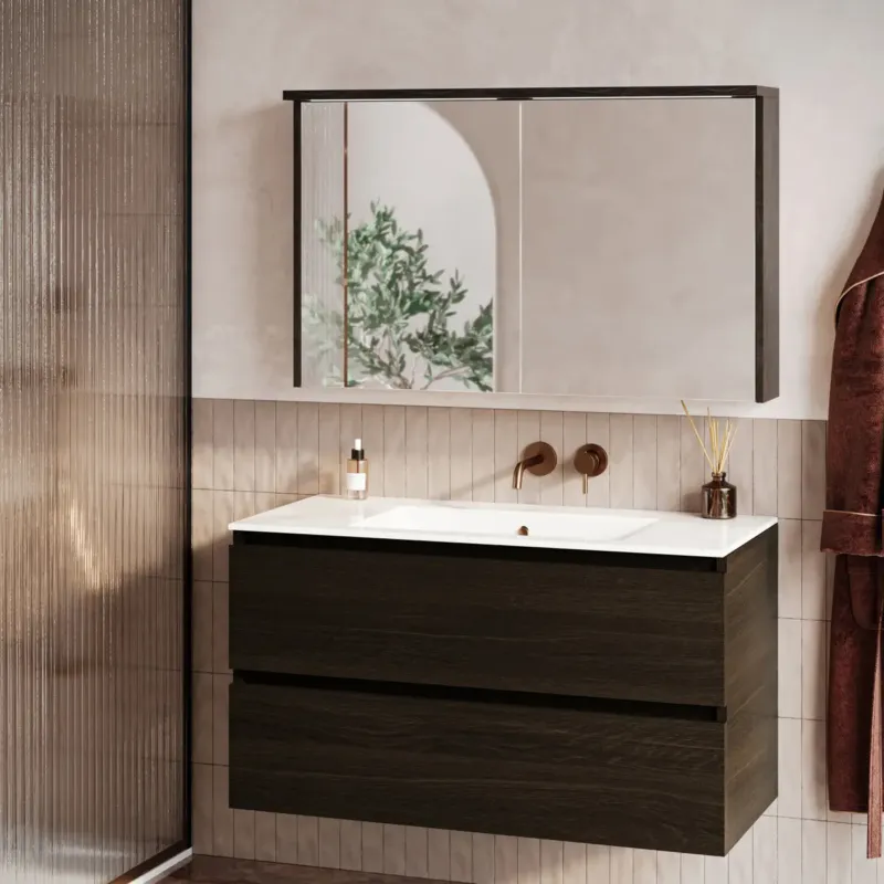 Veilige Betaling Fontana Rovigo badmeubel 100cm kasteel bruin met witte wastafel zonder kraangat en spiegelkast met verlichting